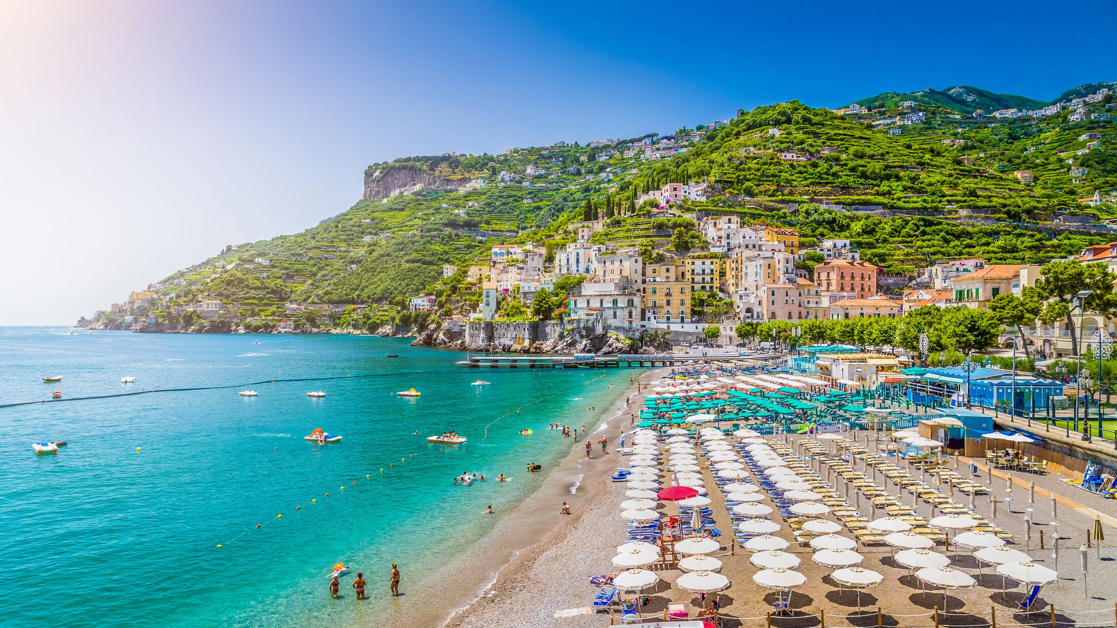 Scenic picture-postcard view of the beautiful town of Minori at famous Amalfi Coast with Gulf of Salerno, Campania, Italy