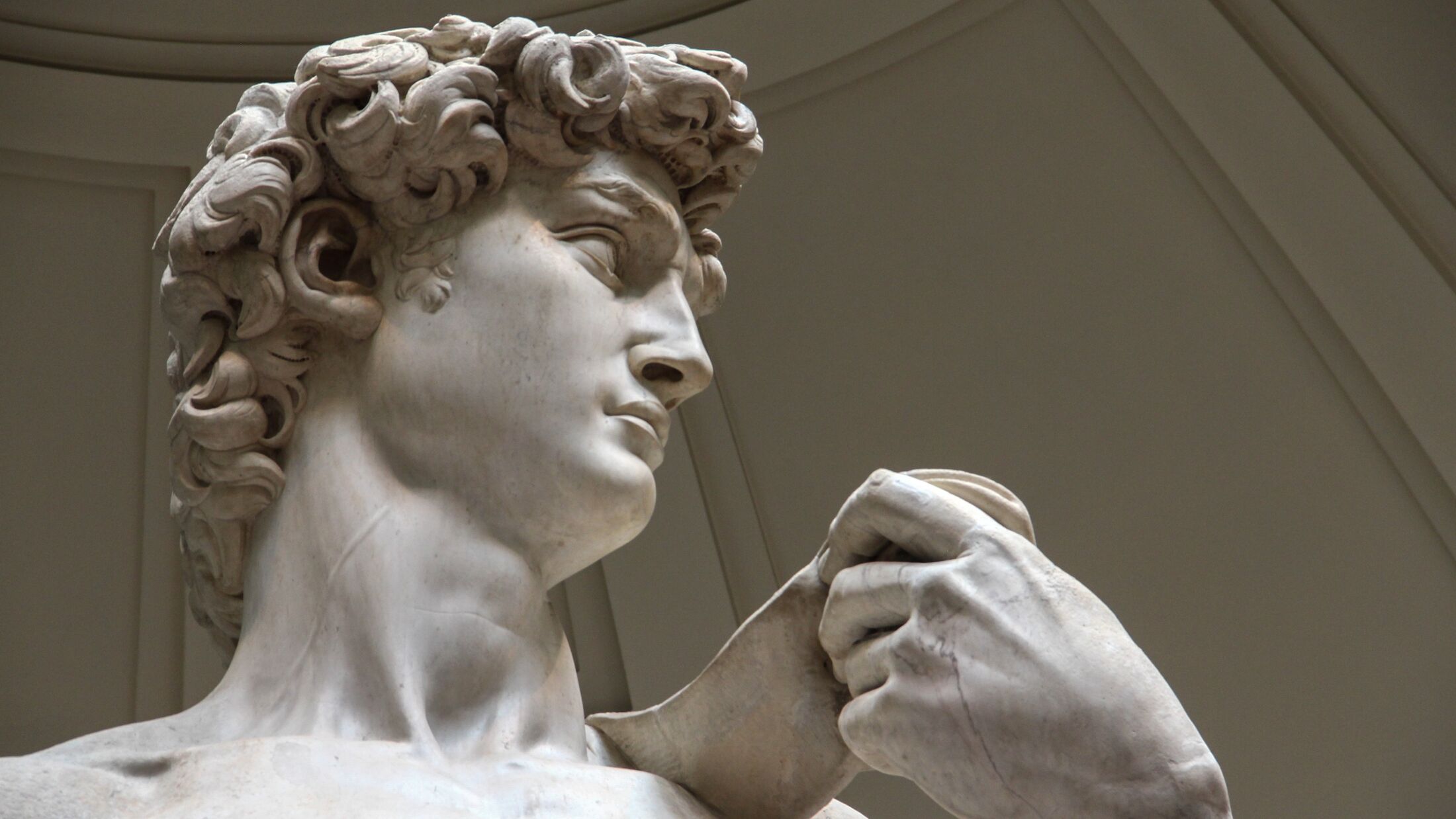 Close Up of Statue of David of Michelangelo in Accademia Gallery of Florence, Galleria dell'Accademia, Italy