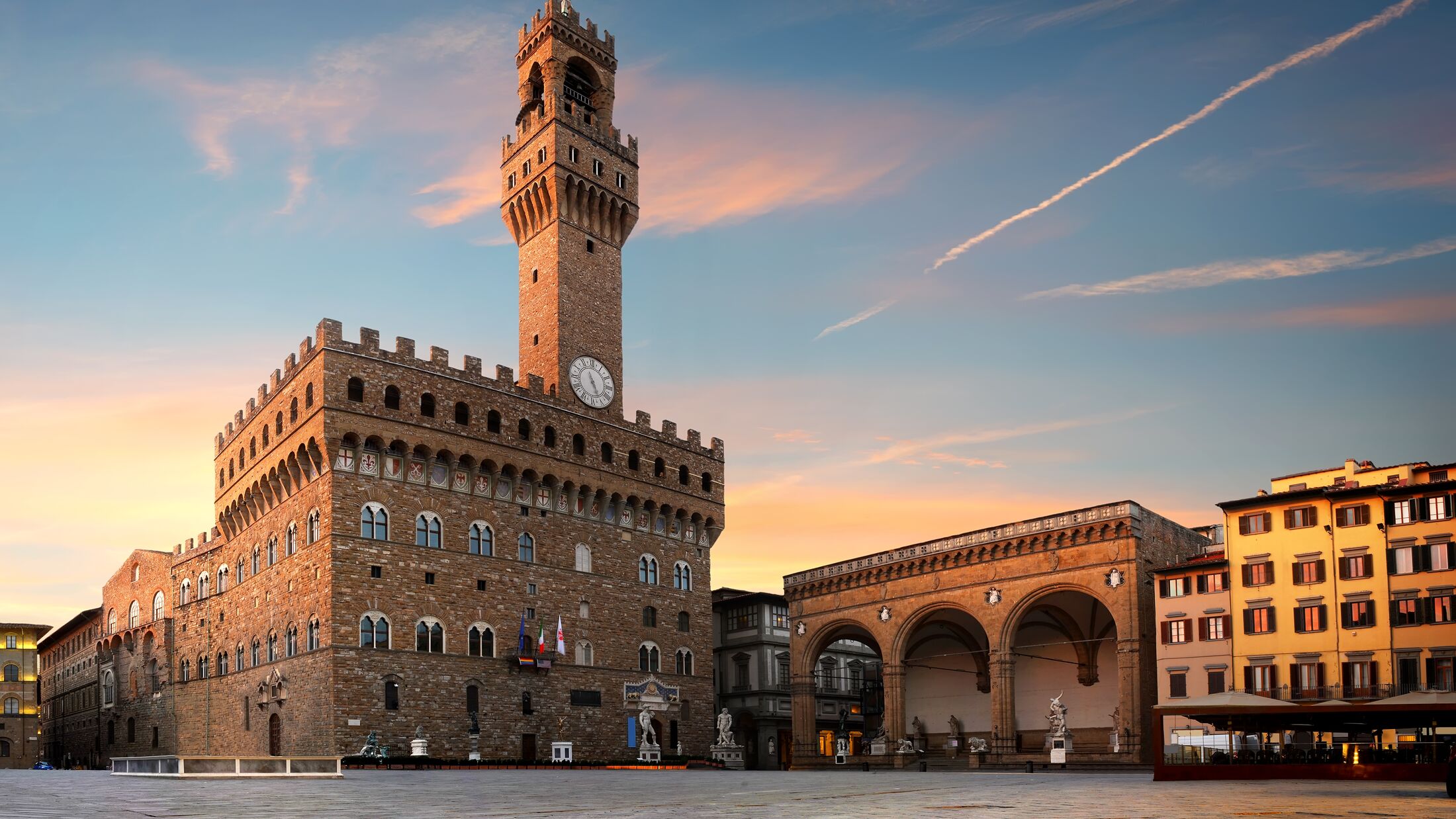 Square of Signoria in Florence at sunrise, Italy