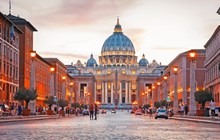 View of Illuminated Saint Peter`s Basilica and Street Via della Conciliazione, Rome, Italy