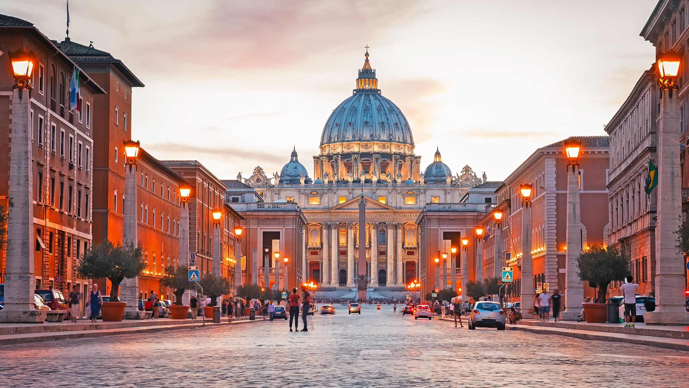 View of Illuminated Saint Peter`s Basilica and Street Via della Conciliazione, Rome, Italy