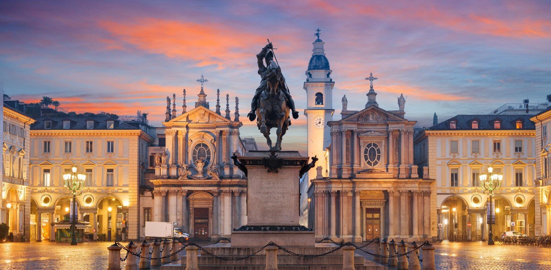 Turin, Italy at Piazza San Carlo during twilight.