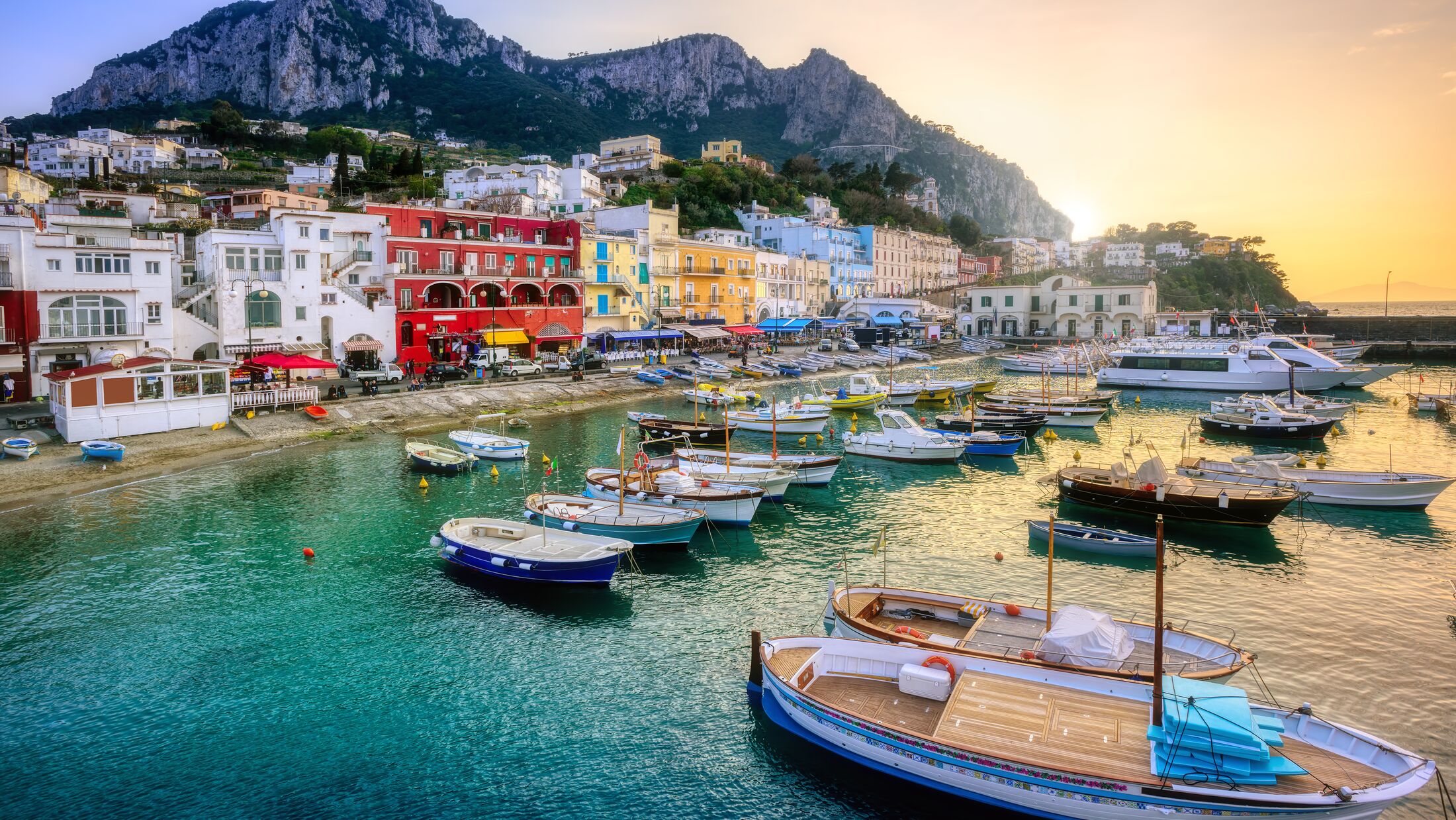 Marina Grande port on Capri Island, Naples, Italy, on dramatic sunset