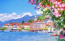 Como lake in Italy. Spectacular view on coastal town - Bellagio, Lombardy. Famous Italian recreation zone and popular European travel destination. Summer scenery.