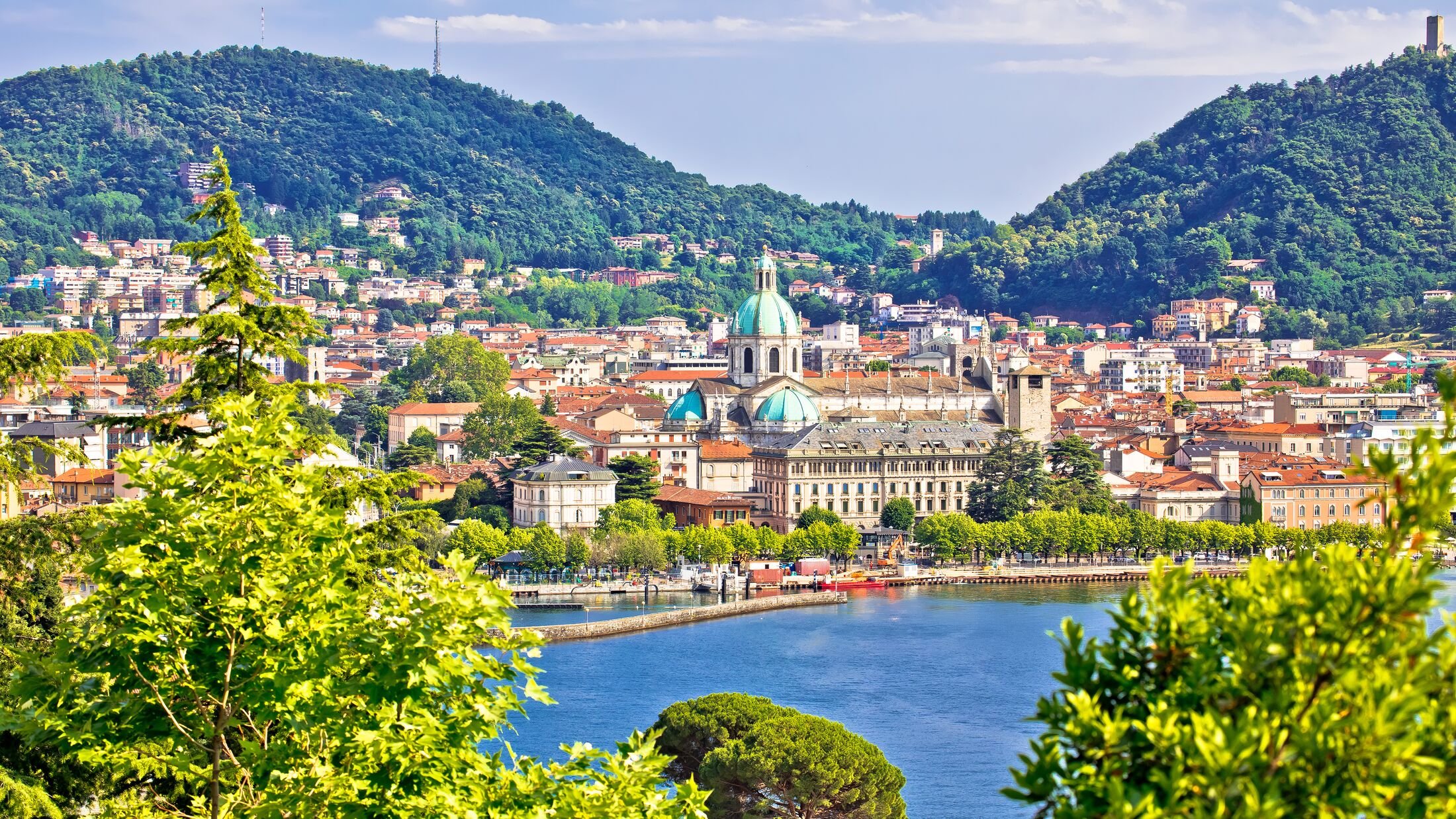 Town of Como waterfront and architecture view, Como Lake in Lombardy region of Italy