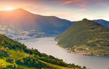 Colorful summer morning on? the Lake Iseo. Italy, Alps.