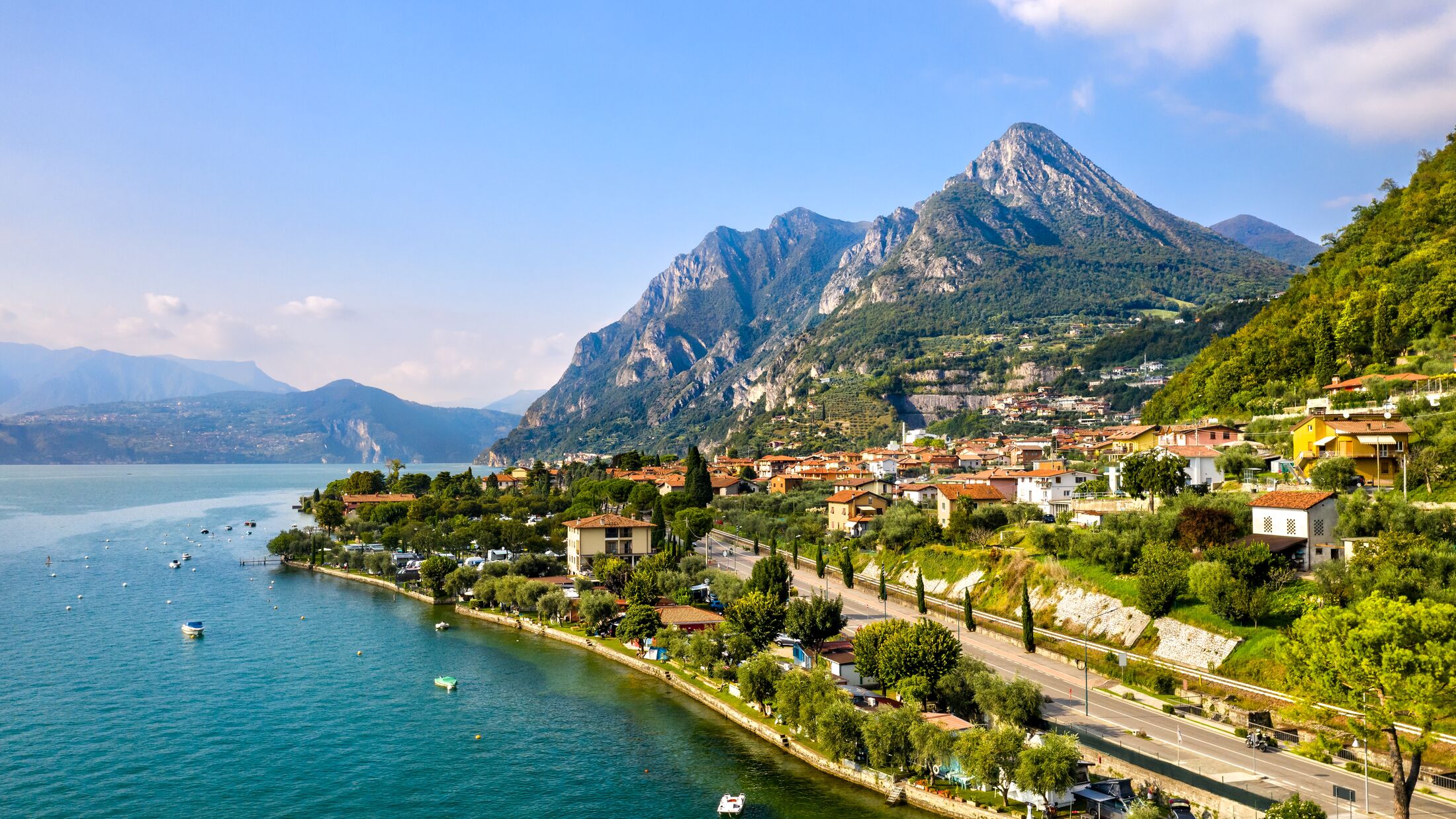 Aerial panorama of Marone town on Lake Iseo in Lombardy, Italy