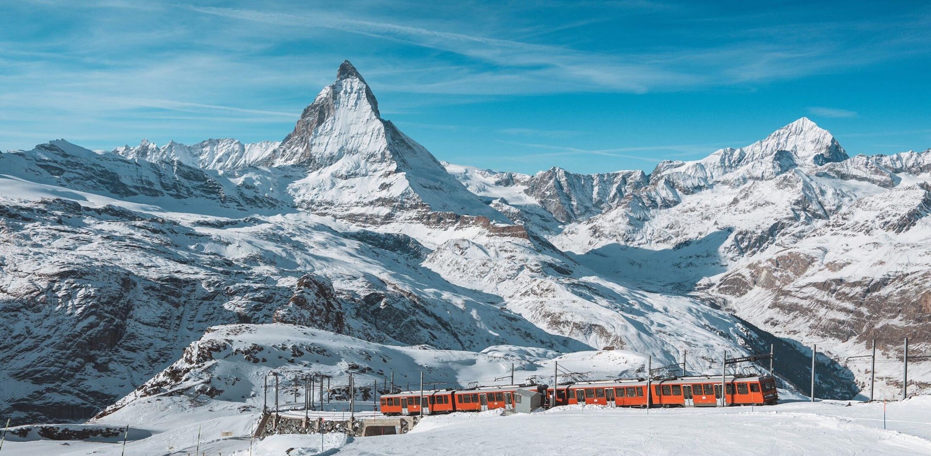 Matterhorn, Switzerland, Winter tourist train with Matterhorn mountain in the background, Zermatt