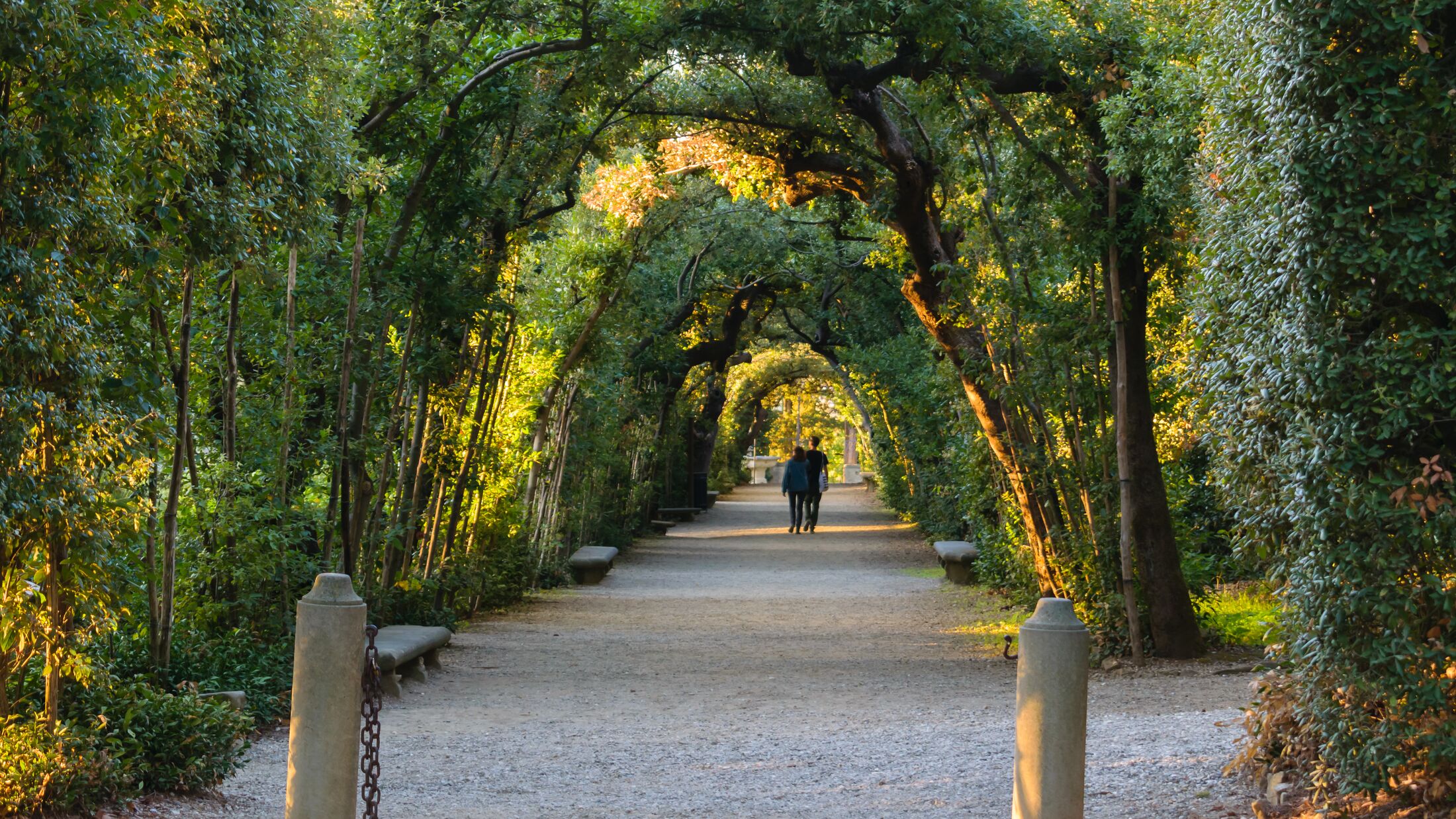 Boboli gardens in Florence, a couple walking in an arched path