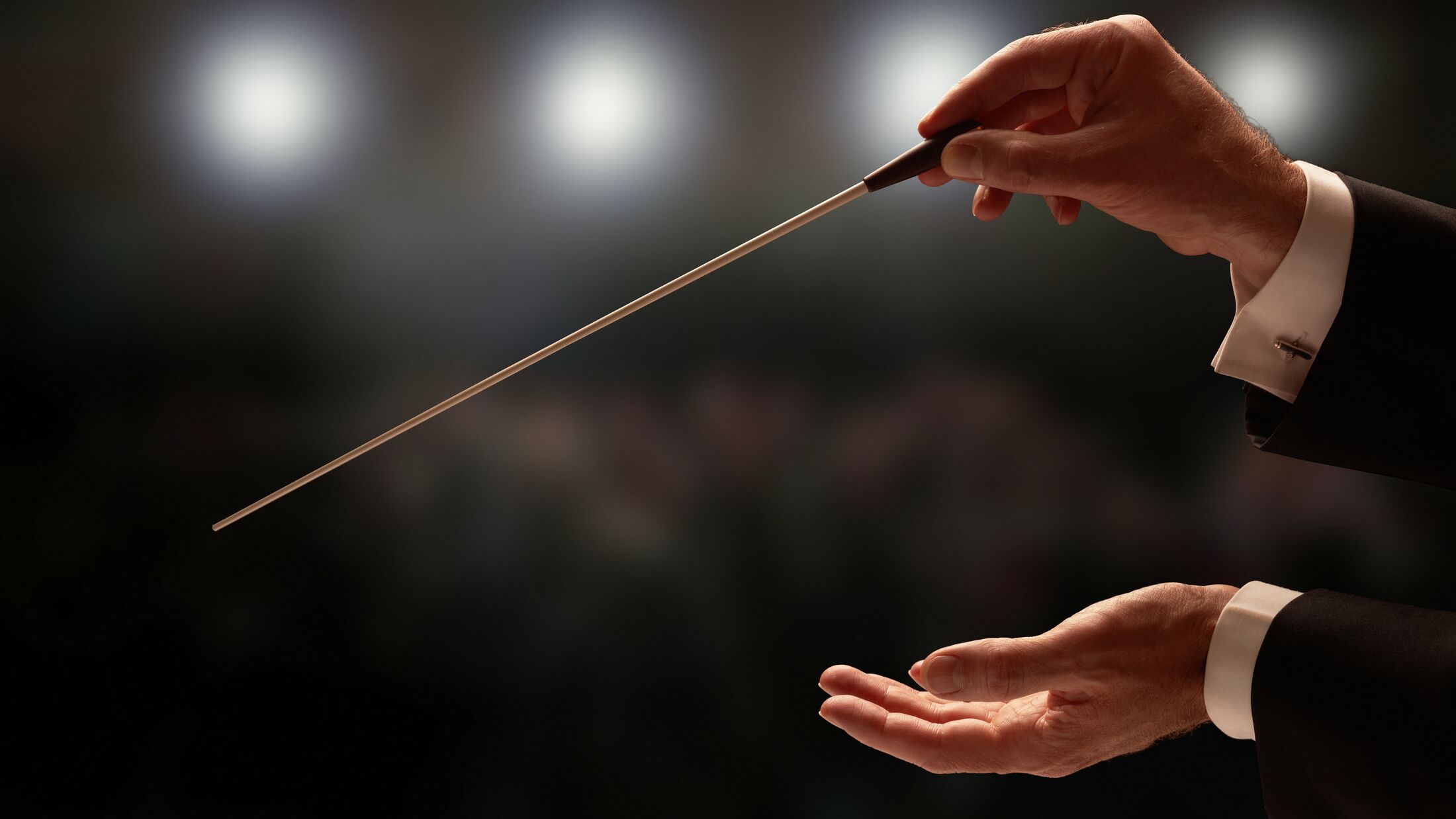 Conductor conducting an orchestra with audience in background