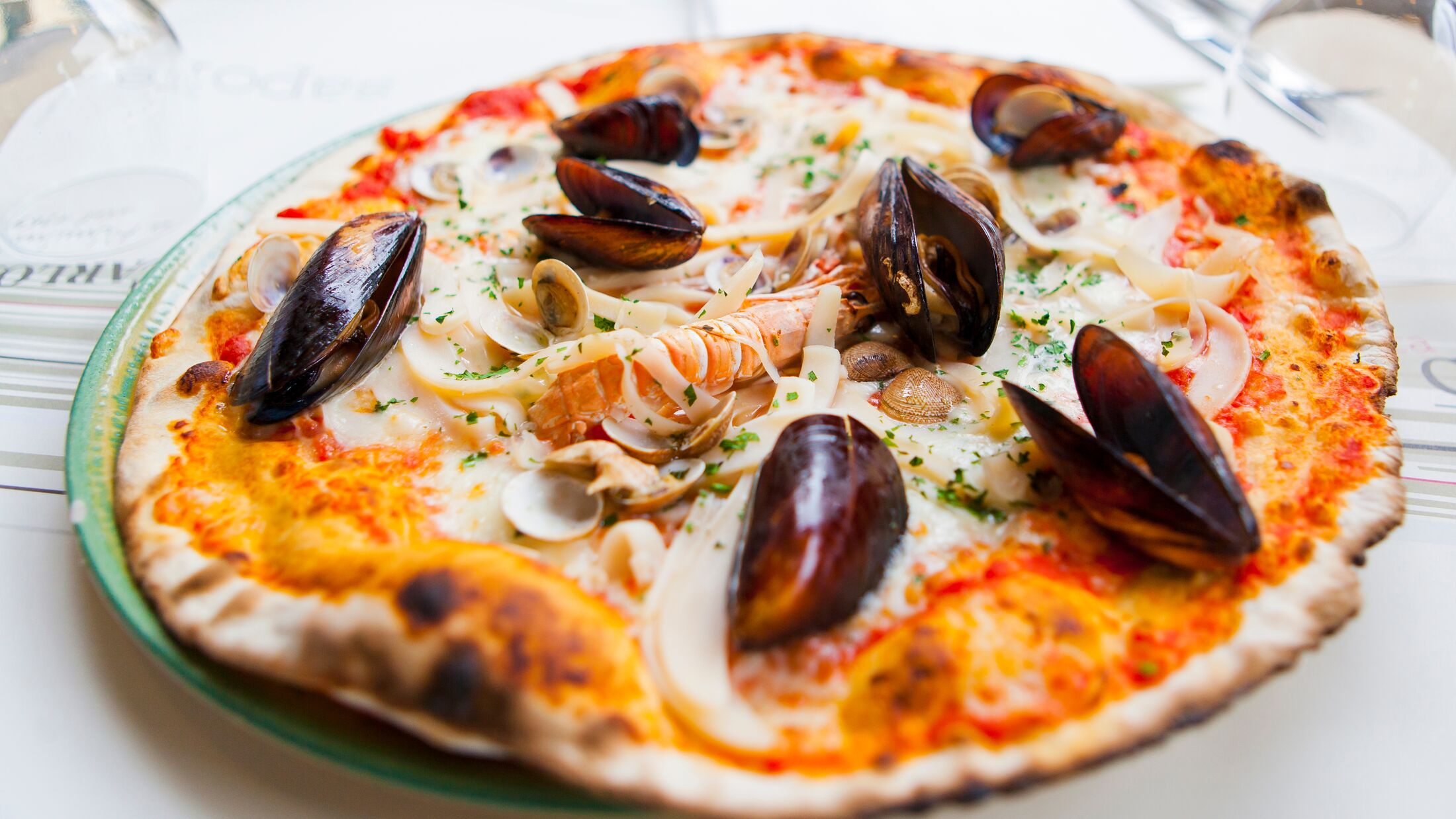 pizza with seafood shells and shrimp